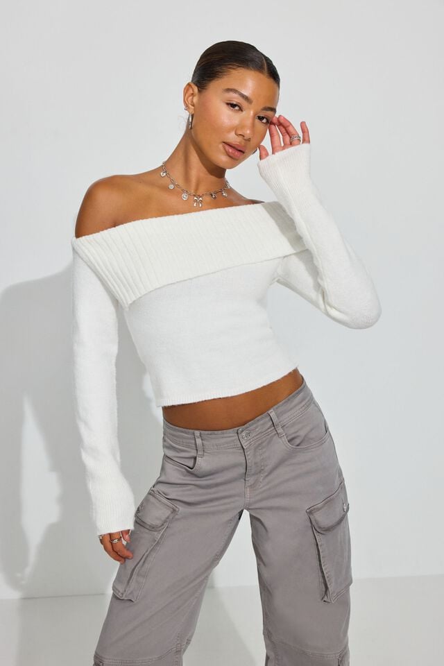 White Women Garage Spongy Off Shoulder Sweater | A-8714259