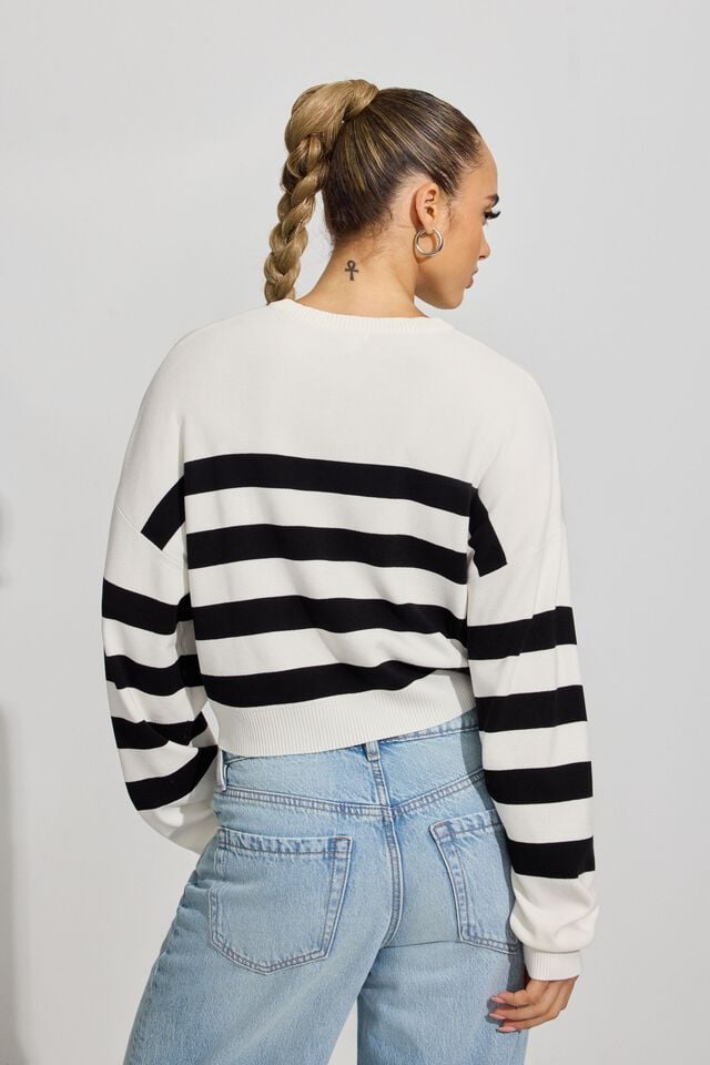 White / Black Women Garage Boxy Stripe Er Sweater | A-9301586