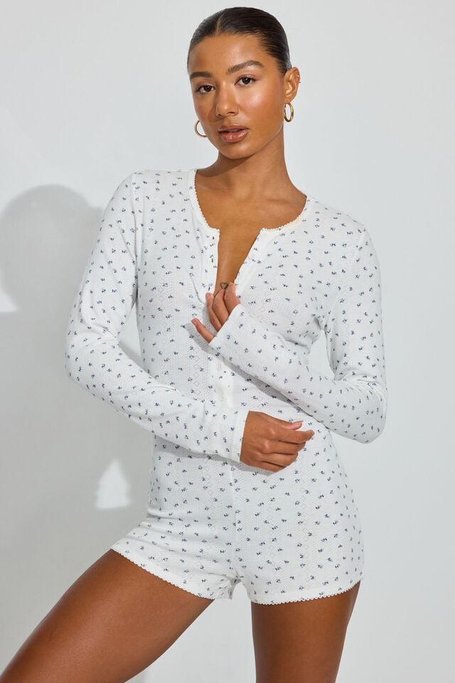 White / Blue Women Garage Pointelle Rompers | A-2971435