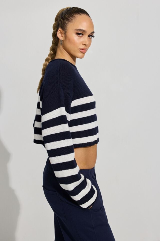 White / Blue Women Garage Supersoft Boatneck Sweater | A-1530962