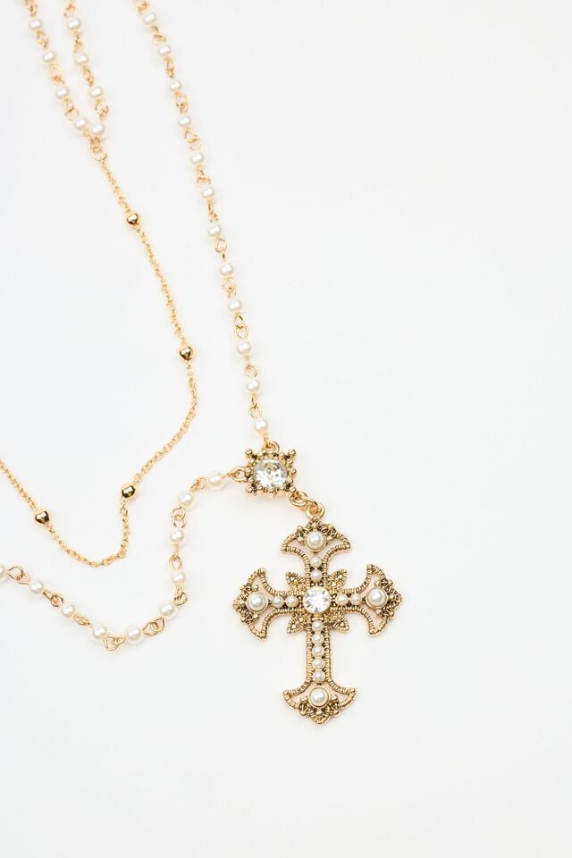 White / Gold Women Garage Set Of 2 Pearl & Cross Rosary Necklaces | A-4562139