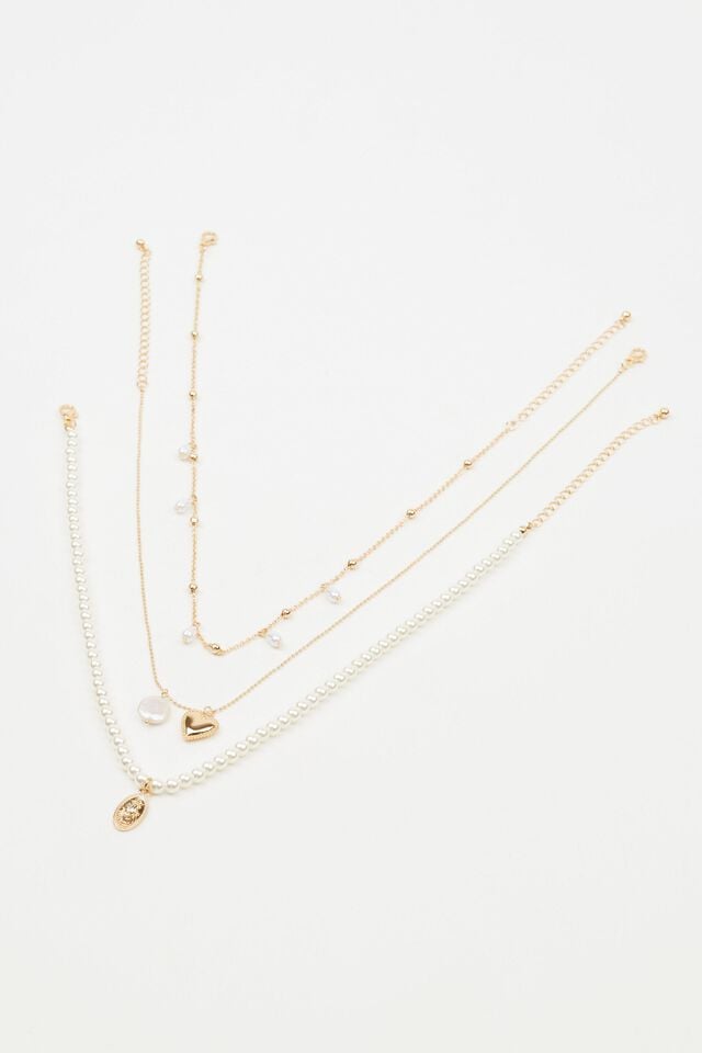 White / Gold Women Garage Set Of 3 Pearl & Charm Necklaces | A-2146593