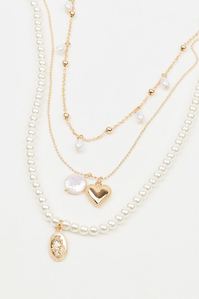 White / Gold Women Garage Set Of 3 Pearl & Charm Necklaces | A-2146593